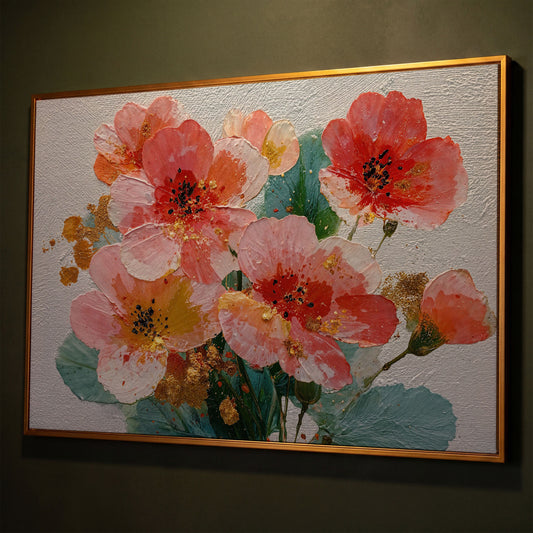 Red and Orange Poppy Bouquet Floral Canvas Wall Art shown in antique gold floating frame