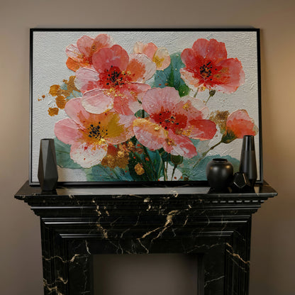 Red and Orange Poppy Bouquet Floral Canvas Wall Art in black floating frame