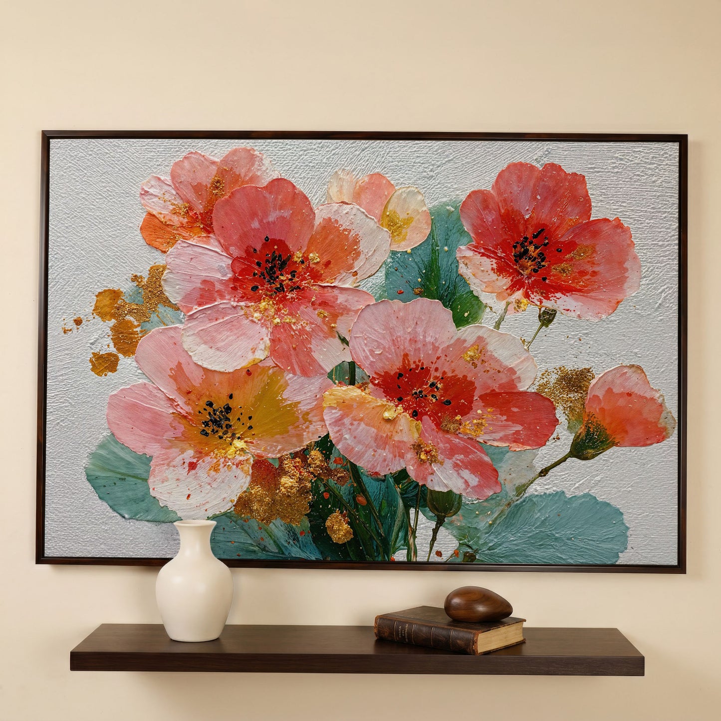 Red and Orange Poppy Bouquet Floral Canvas Wall Art in dark walnut floating frame