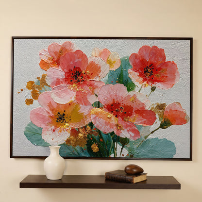 Red and Orange Poppy Bouquet Floral Canvas Wall Art in dark walnut floating frame