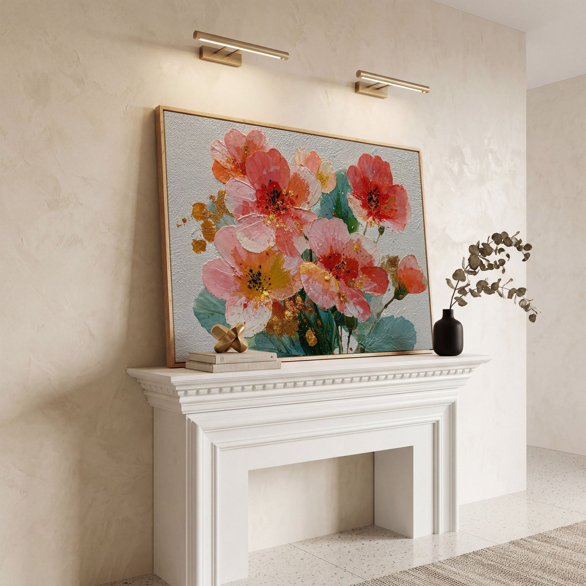 Red and Orange Poppy Bouquet Floral Canvas Wall Art in white oak floating frame