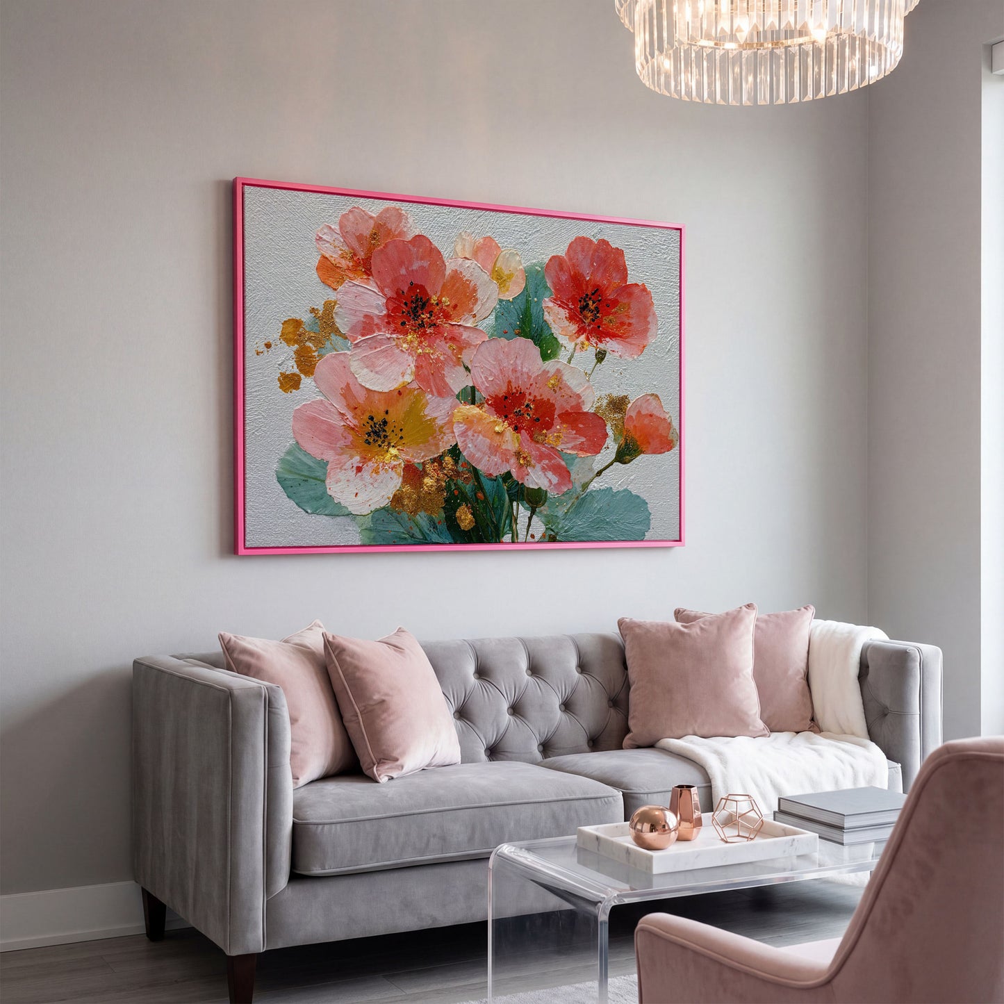 Red and Orange Poppy Bouquet Floral Canvas Wall Art in pink floating frame