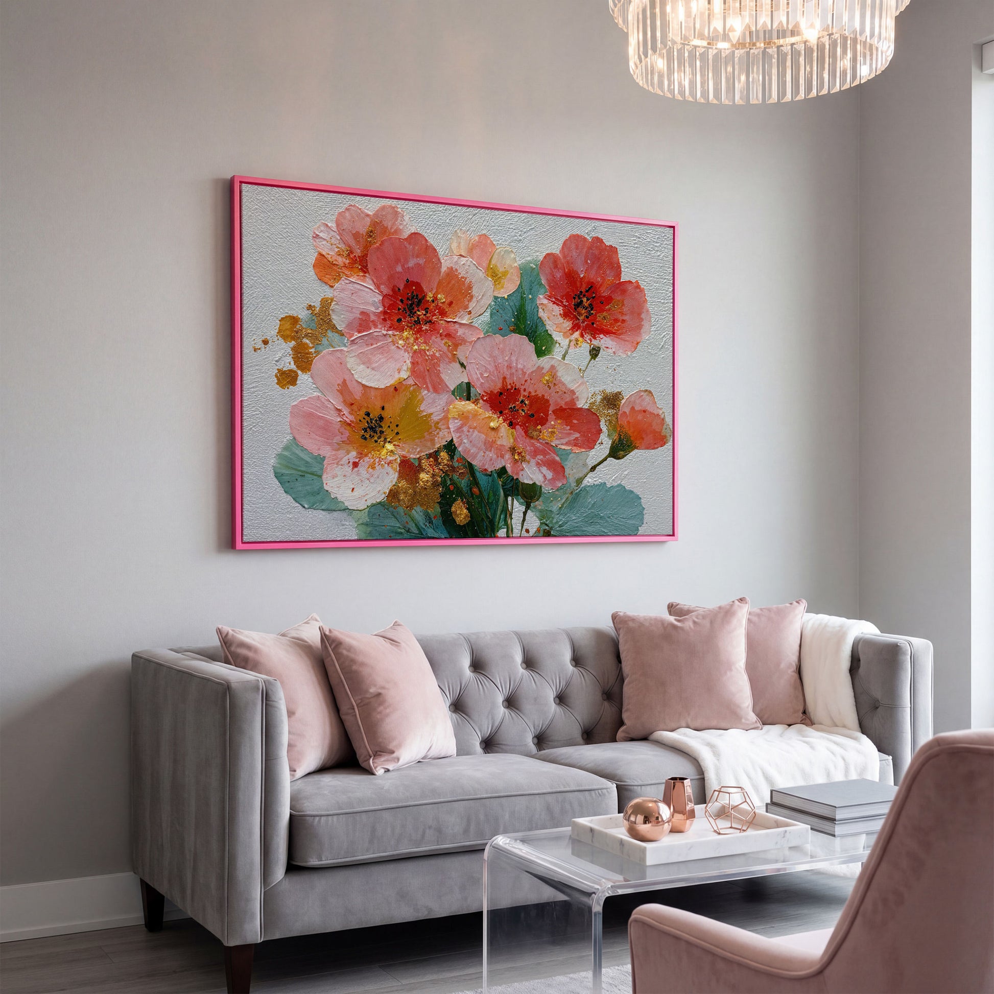 Red and Orange Poppy Bouquet Floral Canvas Wall Art in pink floating frame