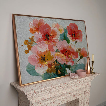 Red and Orange Poppy Bouquet Floral Canvas Wall Art in rose gold floating frame