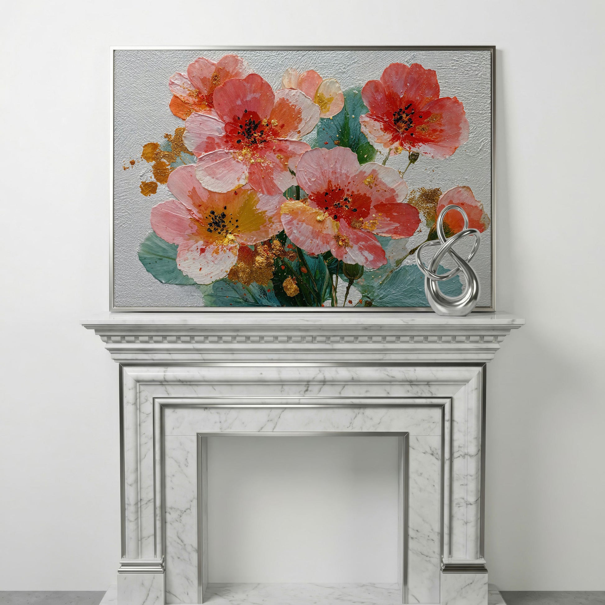 Red and Orange Poppy Bouquet Floral Canvas Wall Art in silver floating frame