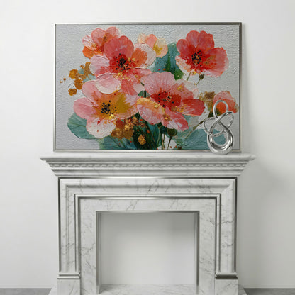 Red and Orange Poppy Bouquet Floral Canvas Wall Art in silver floating frame