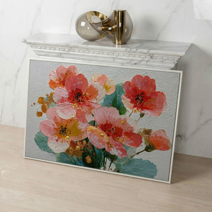 Red and Orange Poppy Bouquet Floral Canvas Wall Art in white floating frame