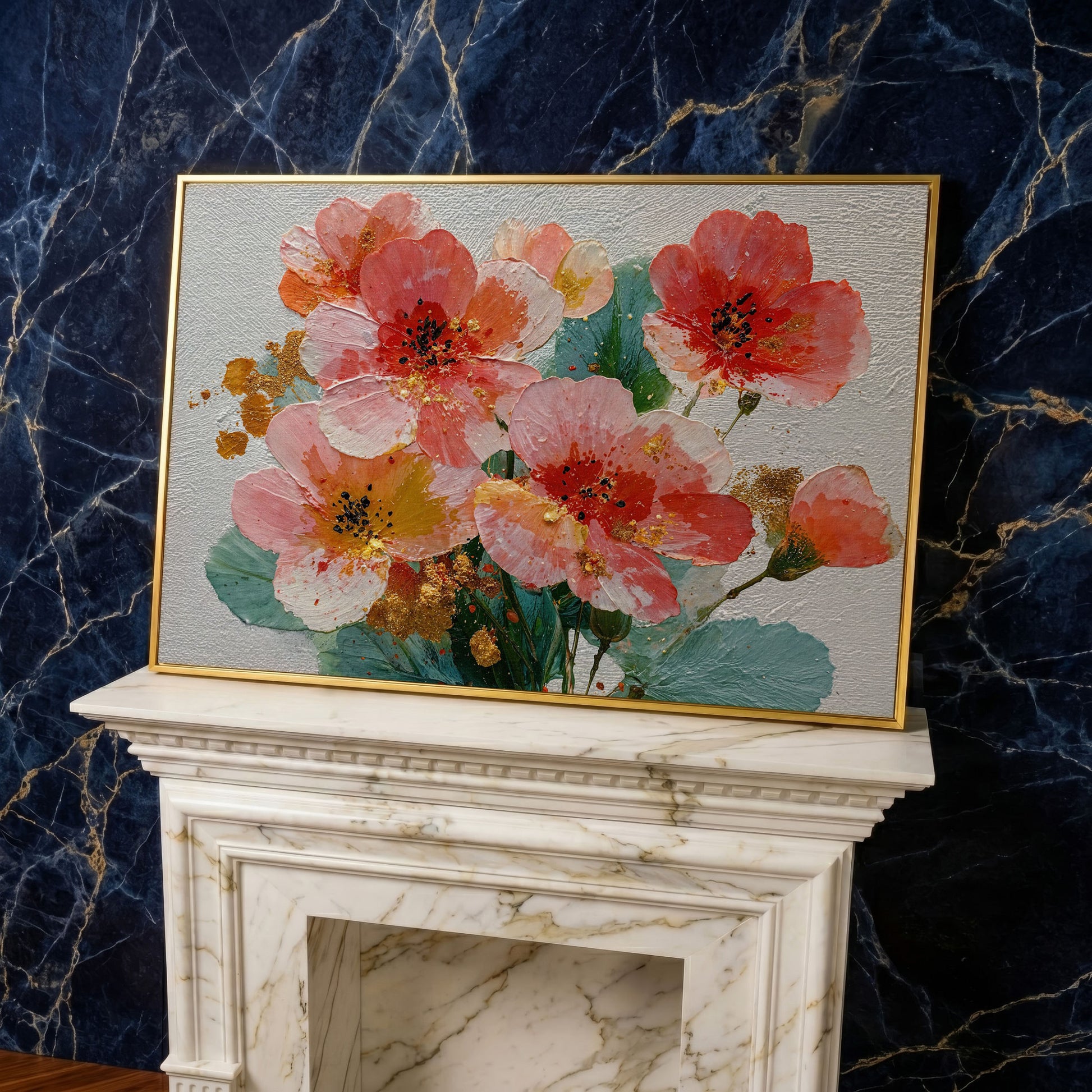 Red and Orange Poppy Bouquet Floral Canvas Wall Art in yellow gold floating frame