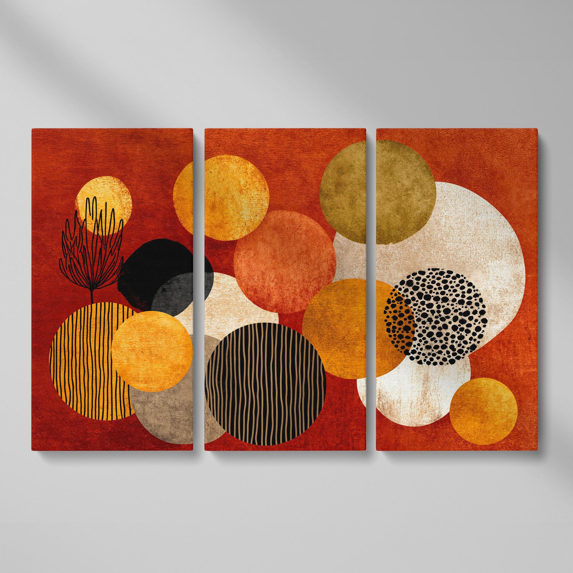 Retro Circles and Botanicals Abstract Canvas Wall Art as 3-panel split version