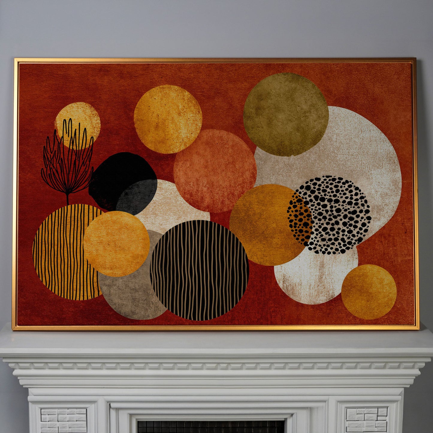 Retro Circles and Botanicals Abstract Canvas Wall Art in antique gold floating frame