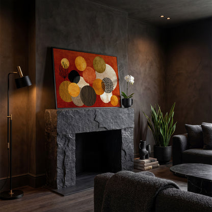 Retro Circles and Botanicals Abstract Canvas Wall Art in black floating frame