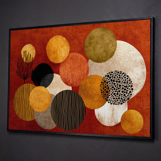 Retro Circles and Botanicals Abstract Canvas Wall Art shown in black floating frame