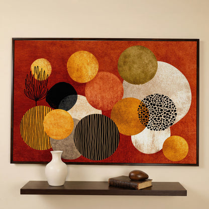 Retro Circles and Botanicals Abstract Canvas Wall Art in dark walnut floating frame