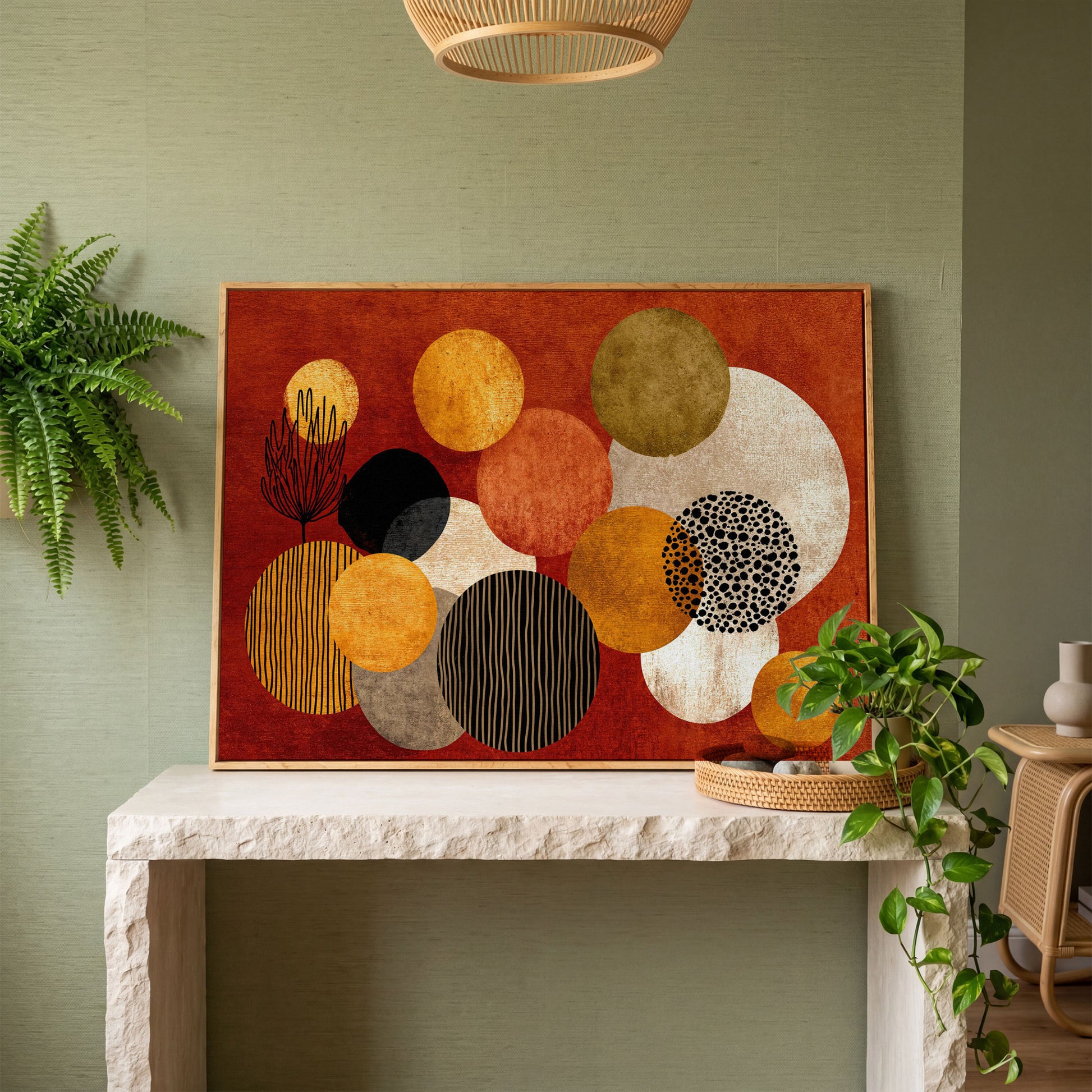 Retro Circles and Botanicals Abstract Canvas Wall Art in white oak floating frame