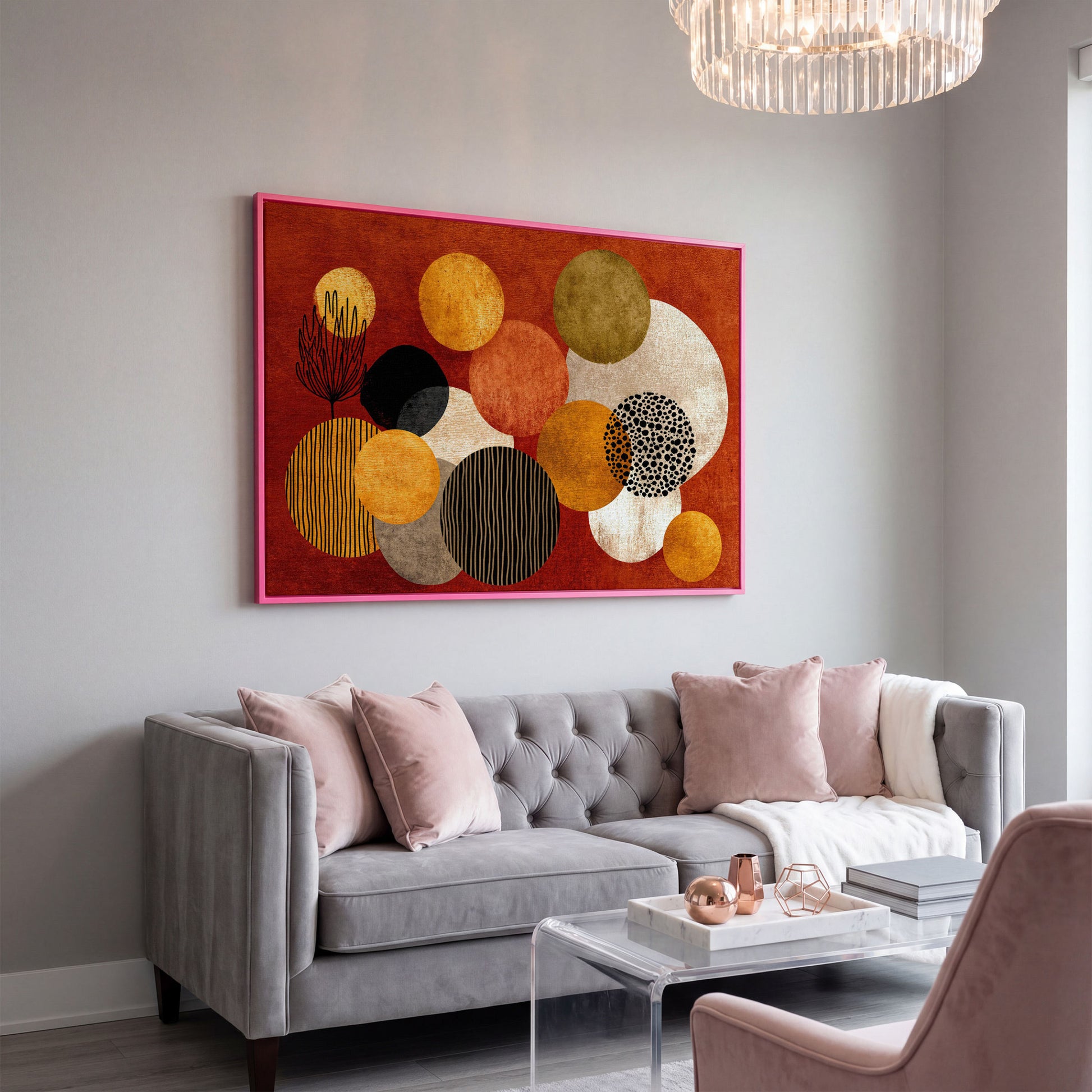 Retro Circles and Botanicals Abstract Canvas Wall Art in pink floating frame