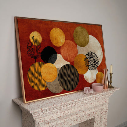 Retro Circles and Botanicals Abstract Canvas Wall Art in rose gold floating frame