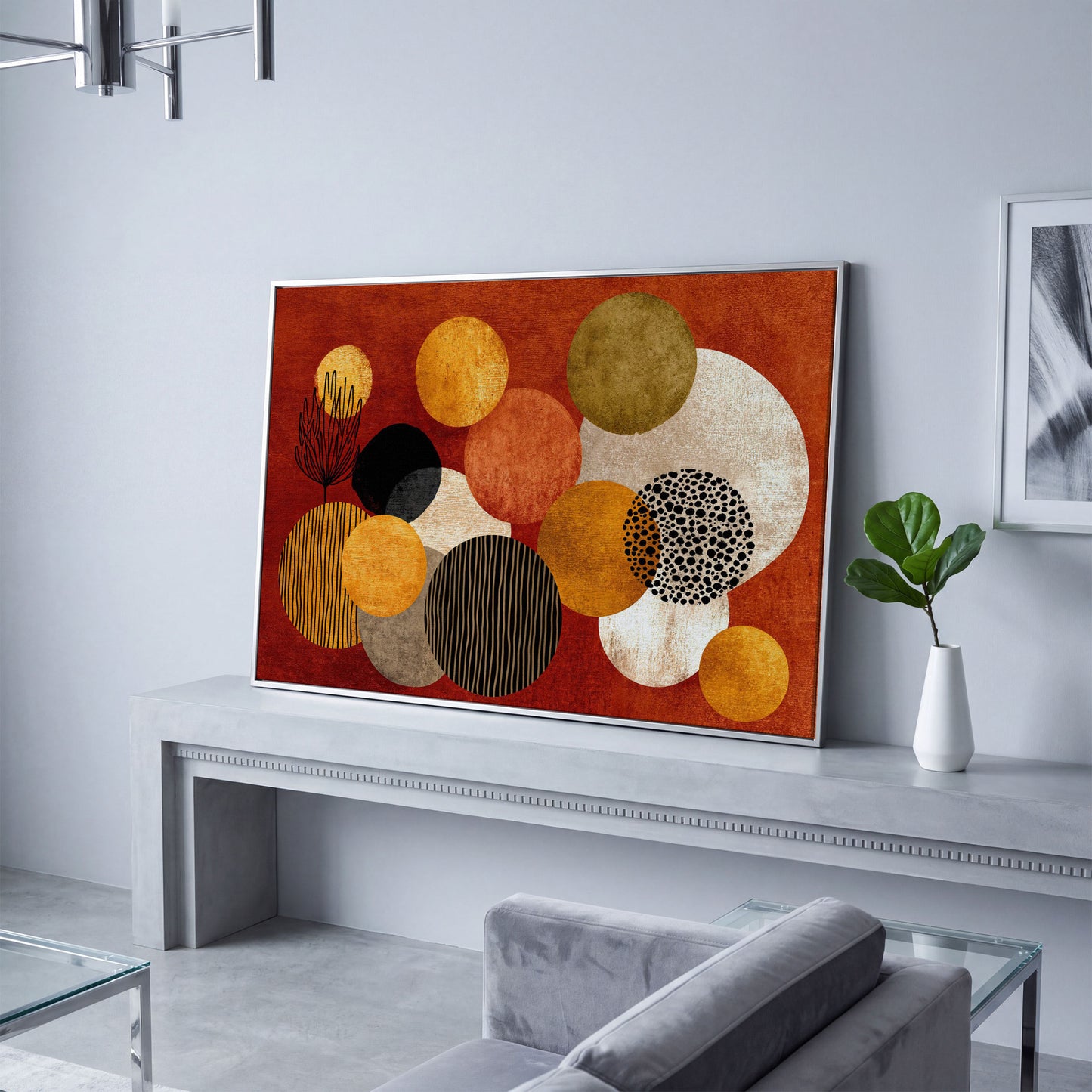 Retro Circles and Botanicals Abstract Canvas Wall Art in silver floating frame