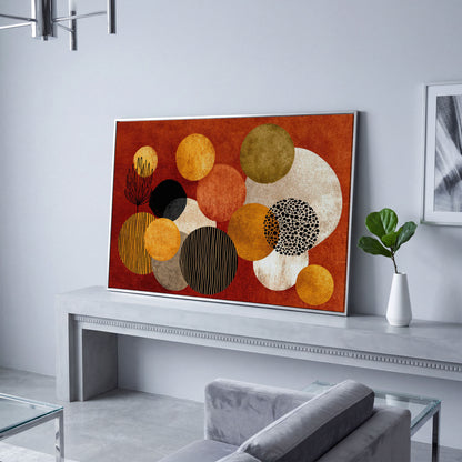 Retro Circles and Botanicals Abstract Canvas Wall Art in silver floating frame