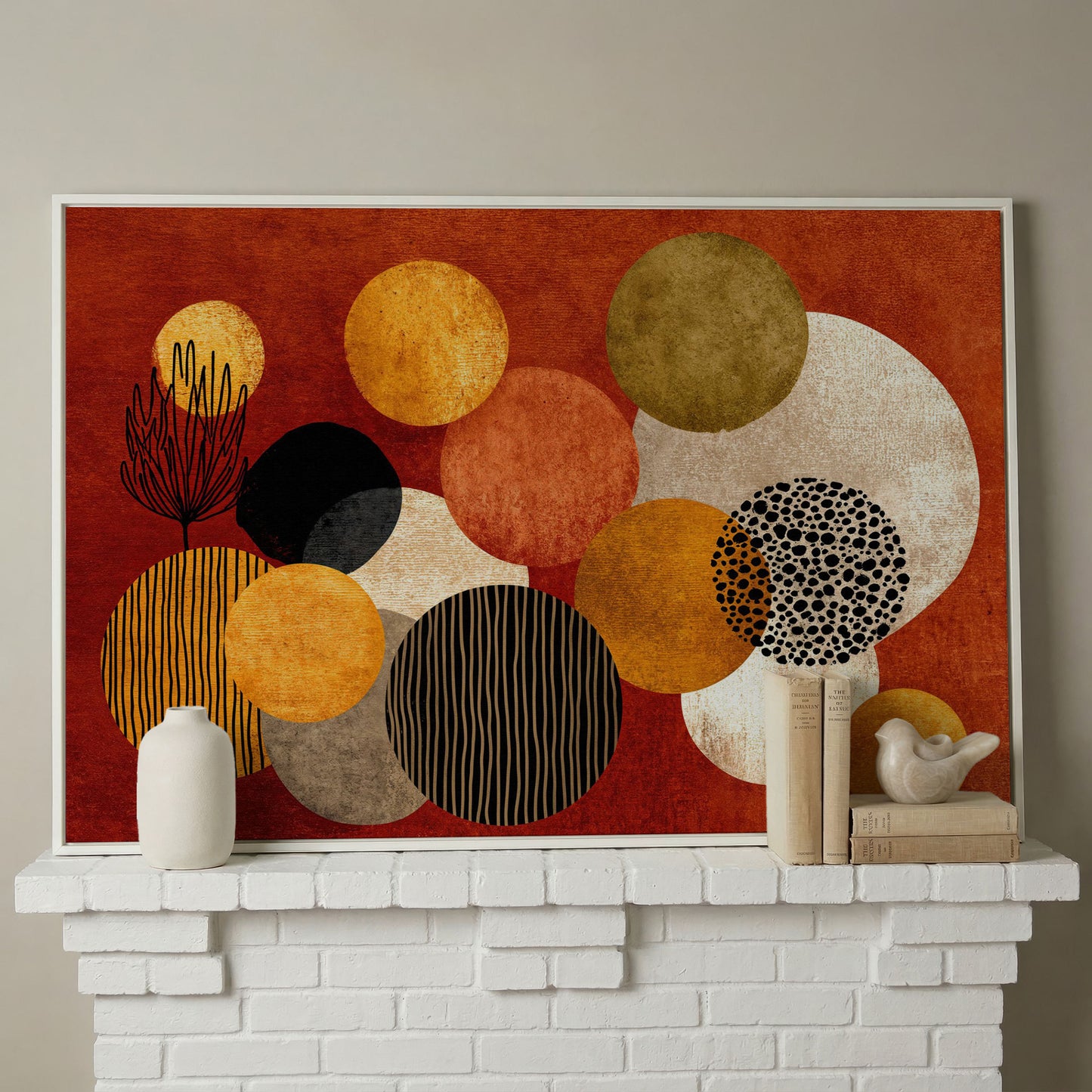 Retro Circles and Botanicals Abstract Canvas Wall Art in white floating frame