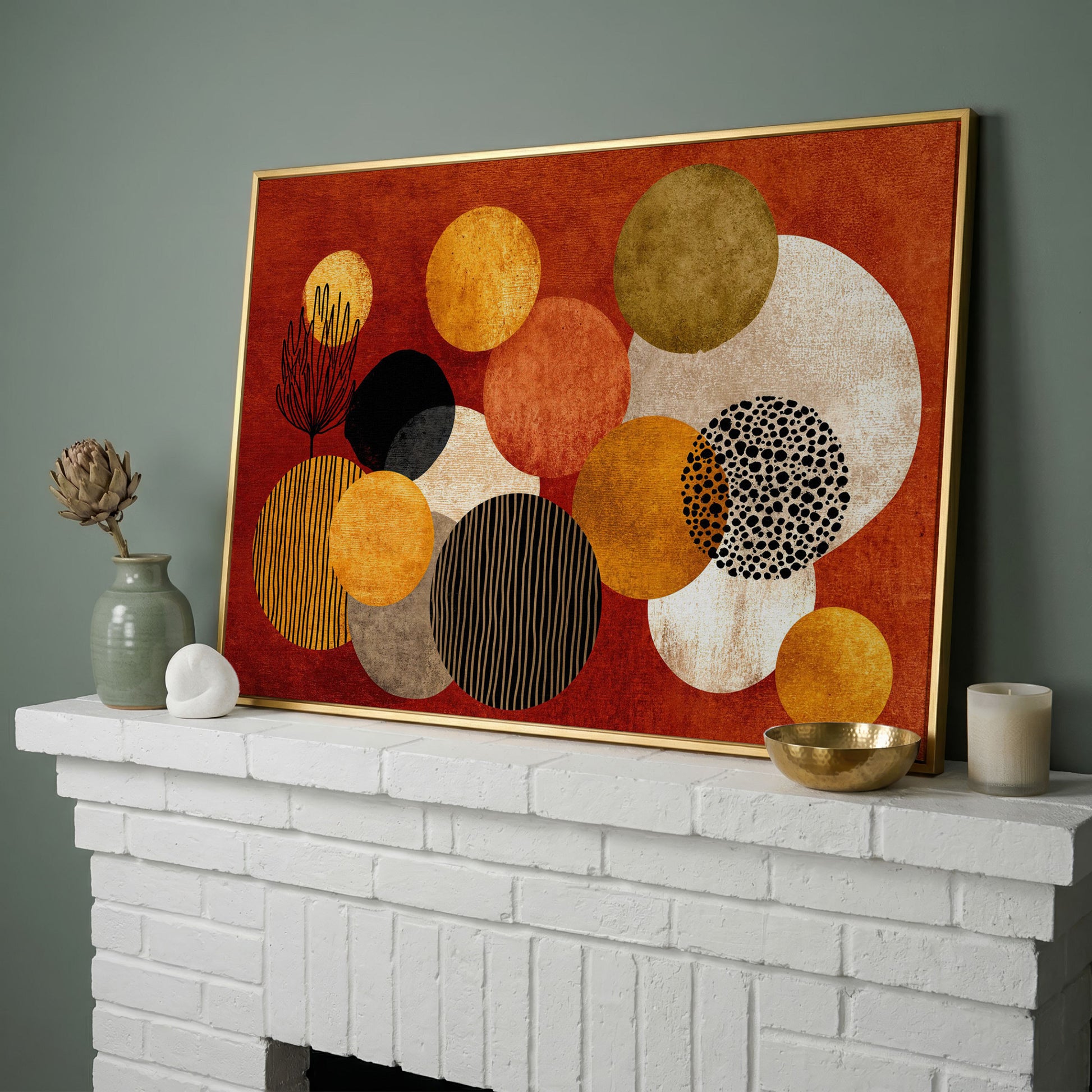 Retro Circles and Botanicals Abstract Canvas Wall Art in yellow gold floating frame