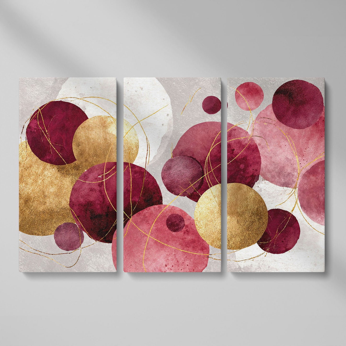 Gold Circle Abstract Canvas Art, Large Geometric Wall Art as 3-panel split version