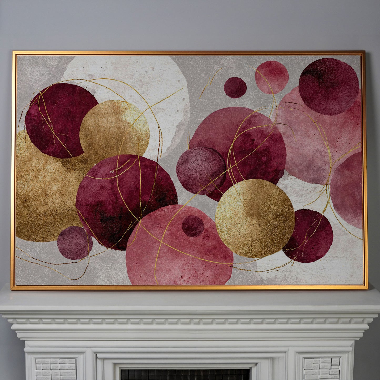 Gold Circle Abstract Canvas Art, Large Geometric Wall Art in antique gold floating frame