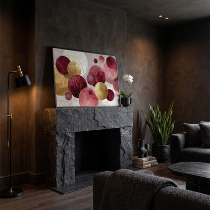 Gold Circle Abstract Canvas Art, Large Geometric Wall Art in black floating frame