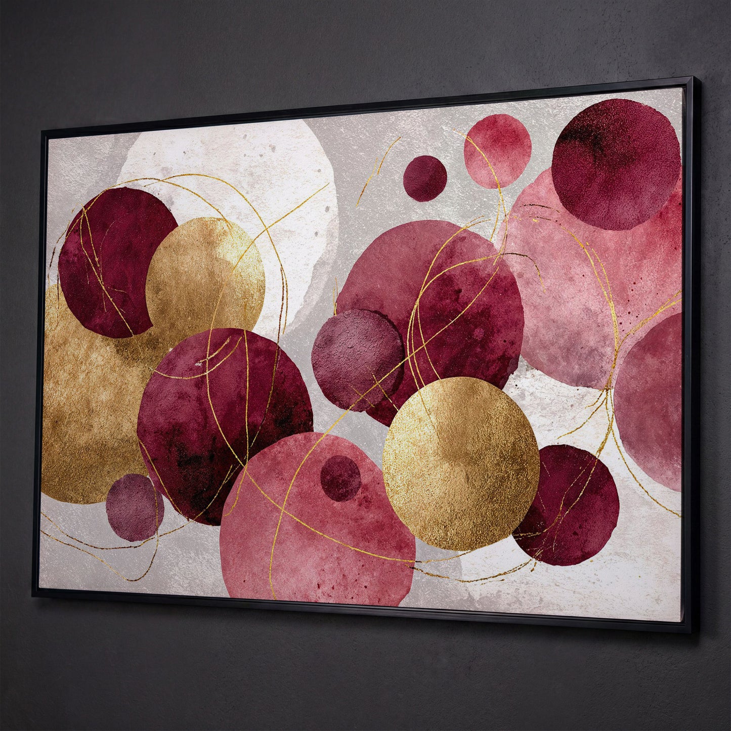 Gold Circle Abstract Canvas Art, Large Geometric Wall Art shown in black floating frame