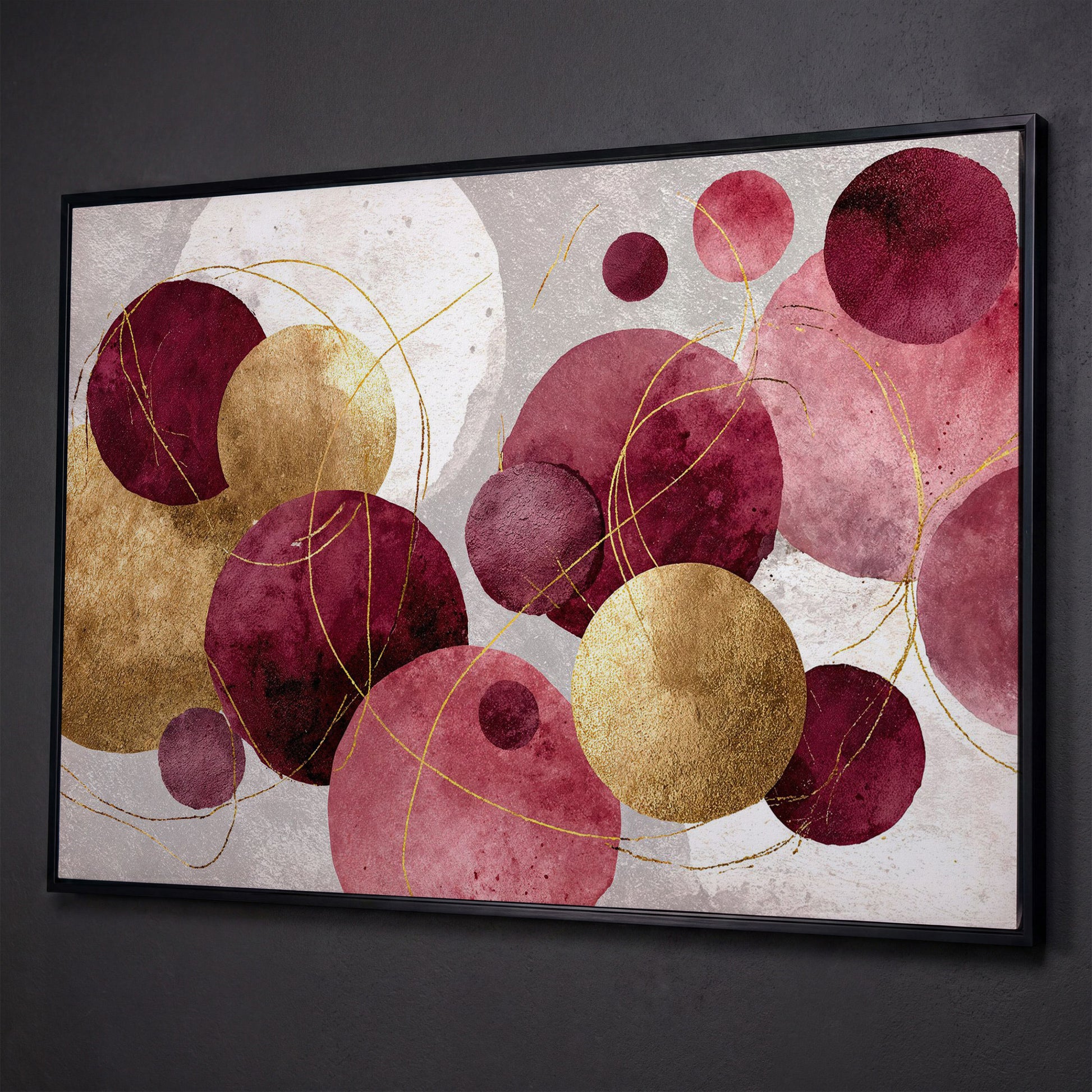 Gold Circle Abstract Canvas Art, Large Geometric Wall Art shown in black floating frame