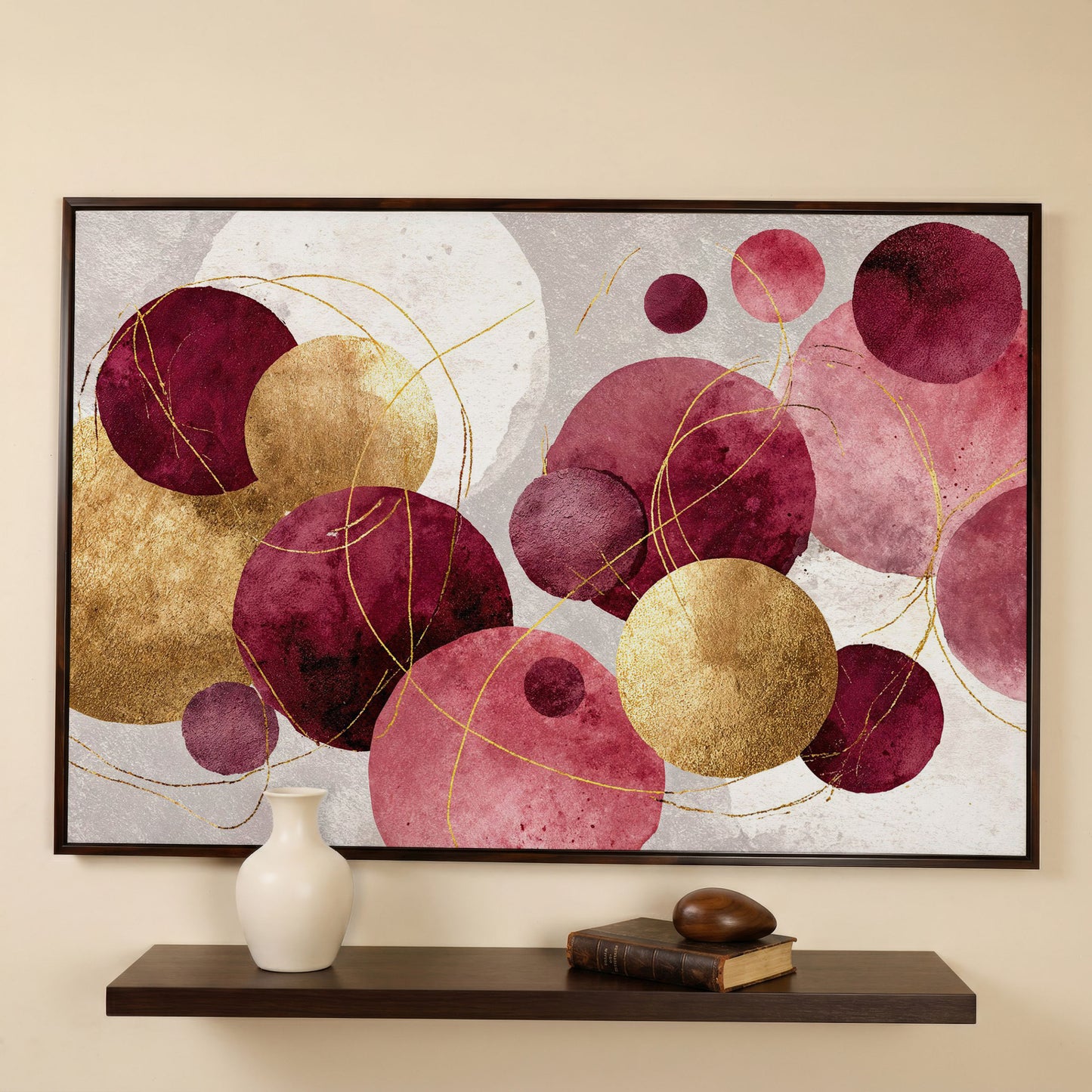 Gold Circle Abstract Canvas Art, Large Geometric Wall Art in dark walnut floating frame