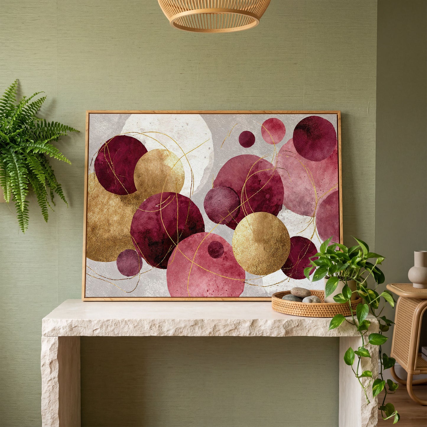 Gold Circle Abstract Canvas Art, Large Geometric Wall Art in white oak floating frame