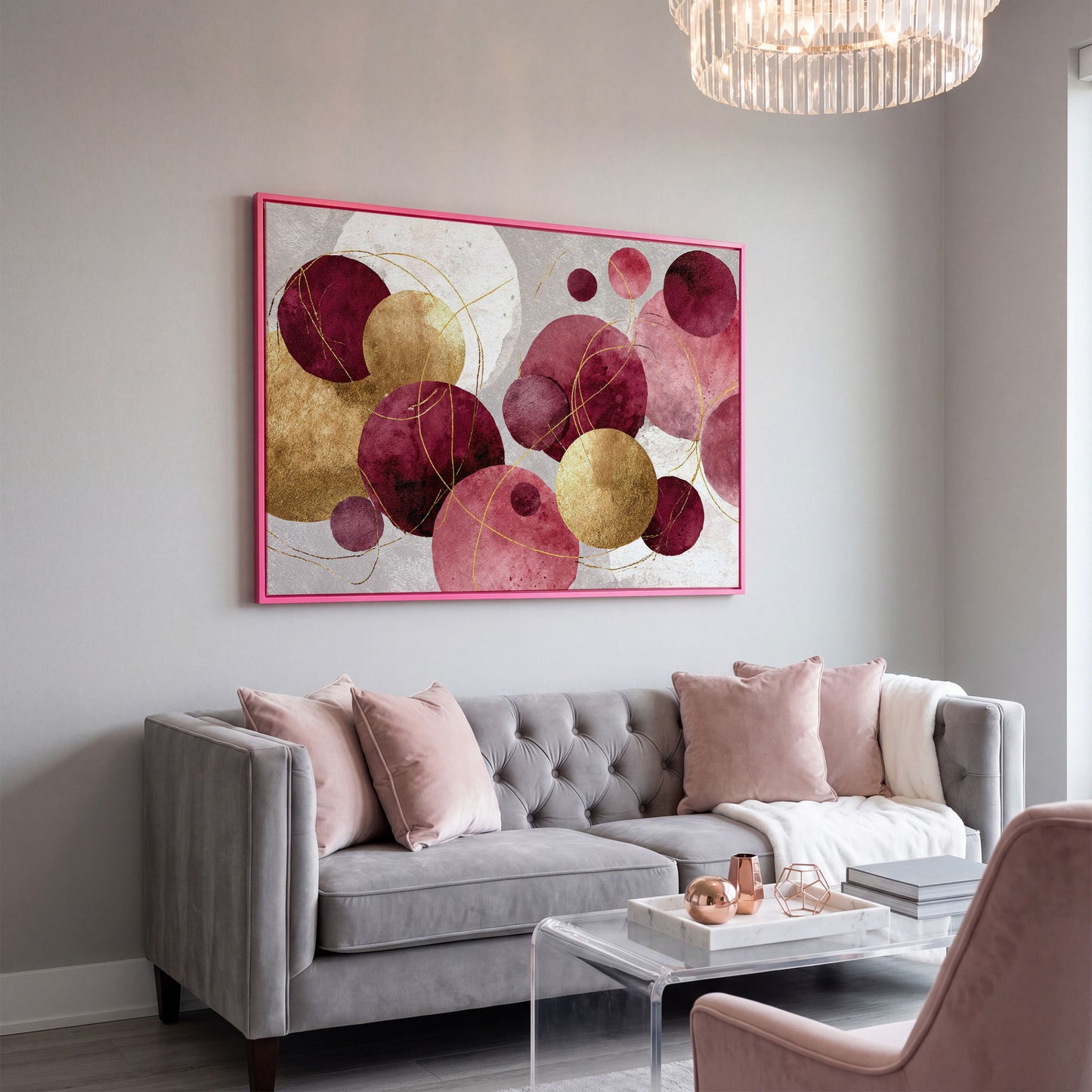 Gold Circle Abstract Canvas Art, Large Geometric Wall Art in pink floating frame