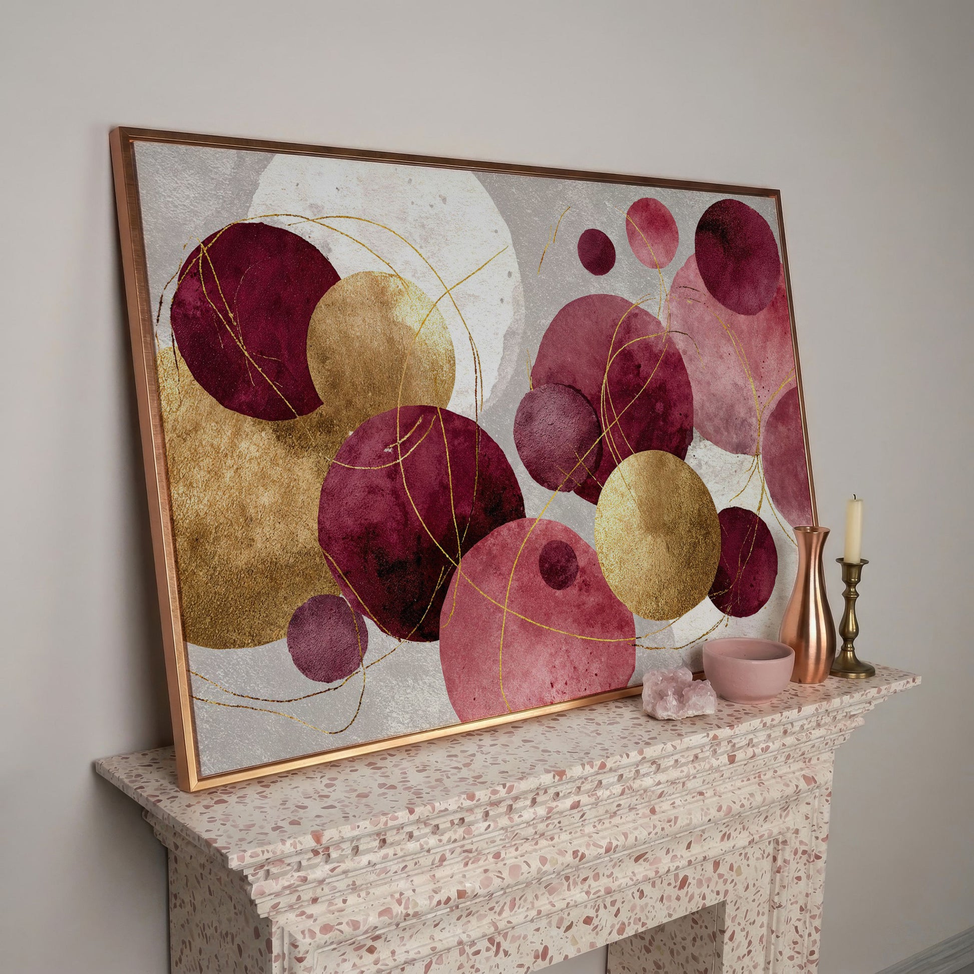Gold Circle Abstract Canvas Art, Large Geometric Wall Art in rose gold floating frame