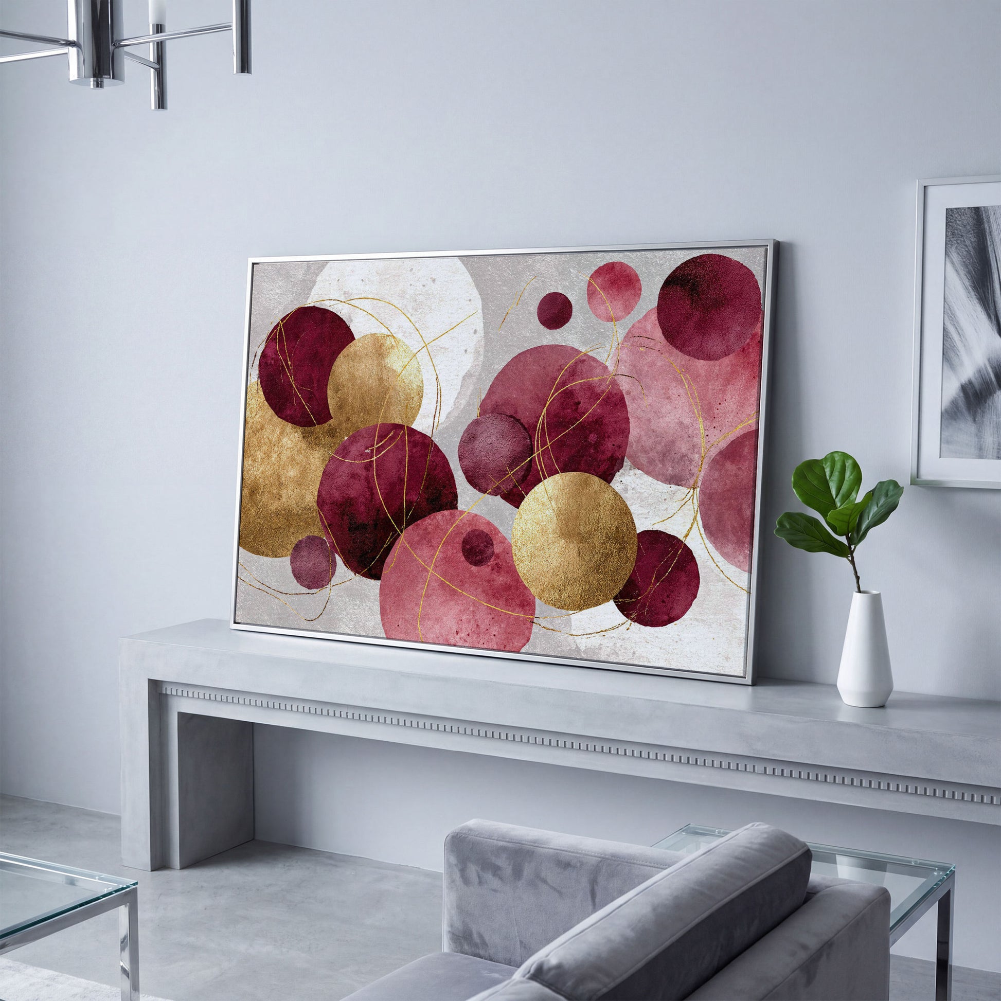 Gold Circle Abstract Canvas Art, Large Geometric Wall Art in silver floating frame