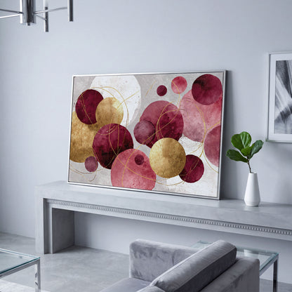Gold Circle Abstract Canvas Art, Large Geometric Wall Art in silver floating frame