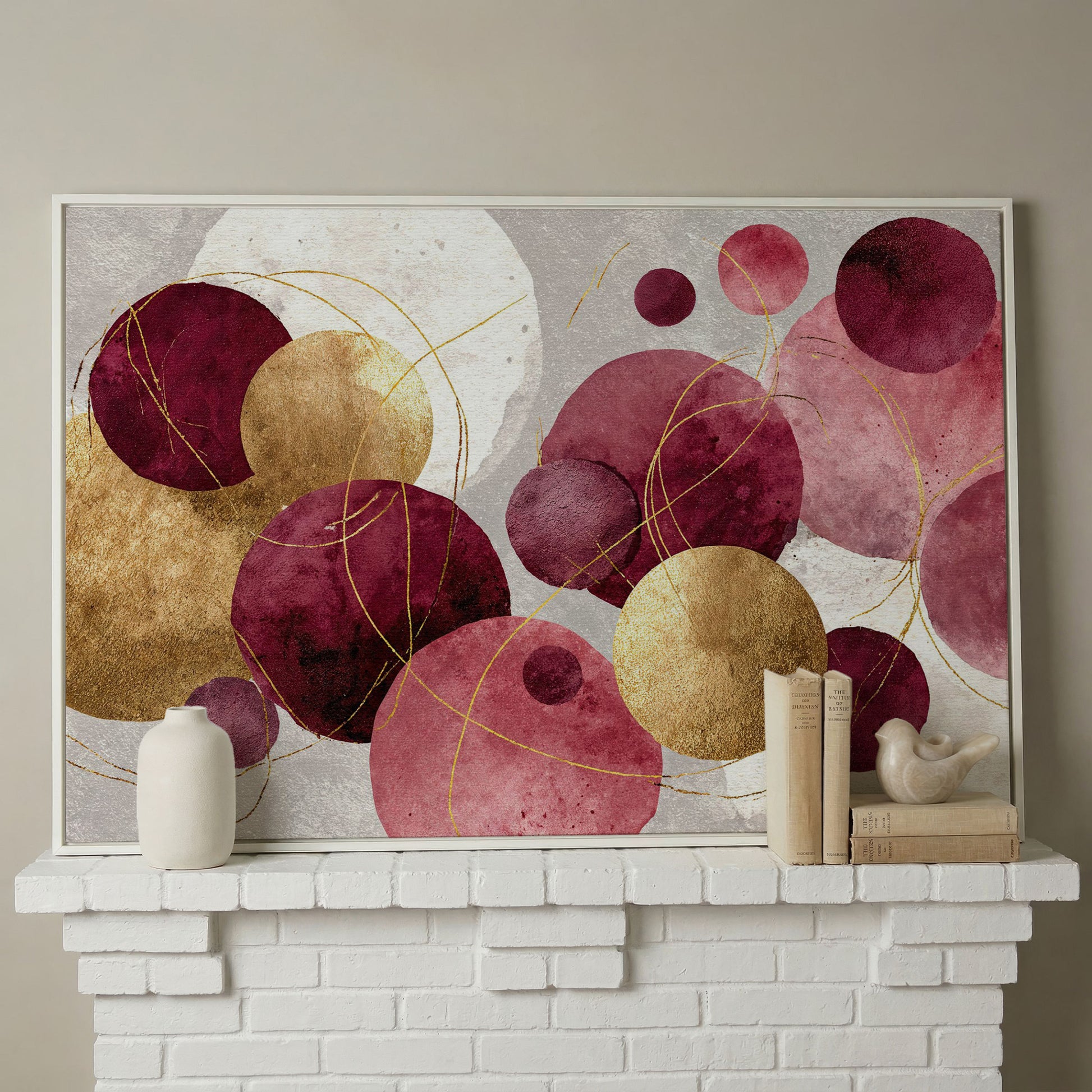 Gold Circle Abstract Canvas Art, Large Geometric Wall Art in white floating frame