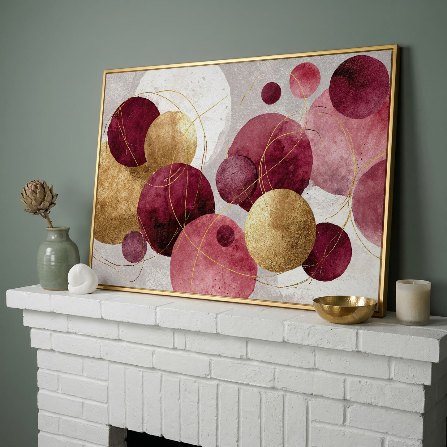Gold Circle Abstract Canvas Art, Large Geometric Wall Art in yellow gold floating frame