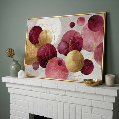 Gold Circle Abstract Canvas Art, Large Geometric Wall Art in yellow gold floating frame