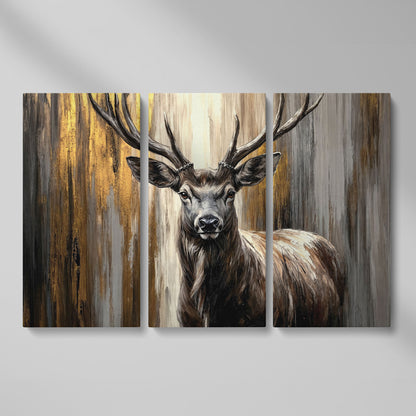 Close-Up Stag Portrait Canvas Wall Art with Large Antlers as 3-panel split version