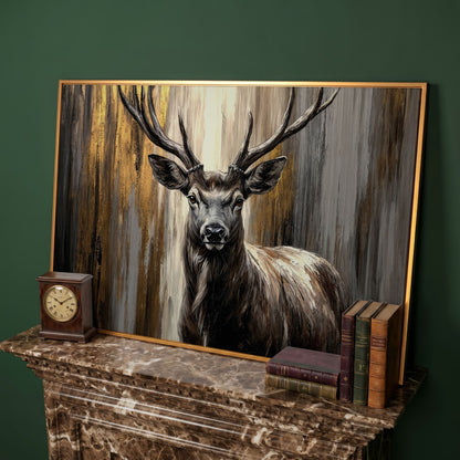 Close-Up Stag Portrait Canvas Wall Art with Large Antlers in antique gold floating frame