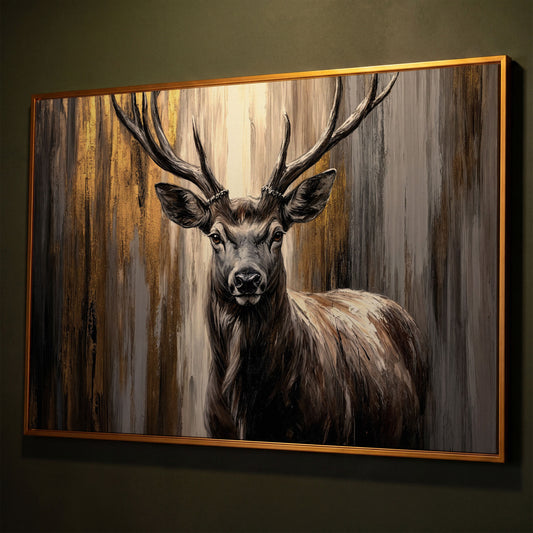Close-Up Stag Portrait Canvas Wall Art with Large Antlers shown in antique gold floating frame