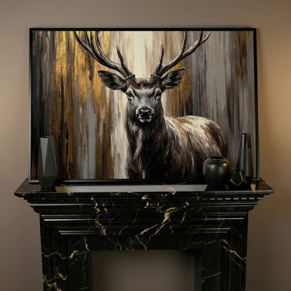 Close-Up Stag Portrait Canvas Wall Art with Large Antlers in black floating frame