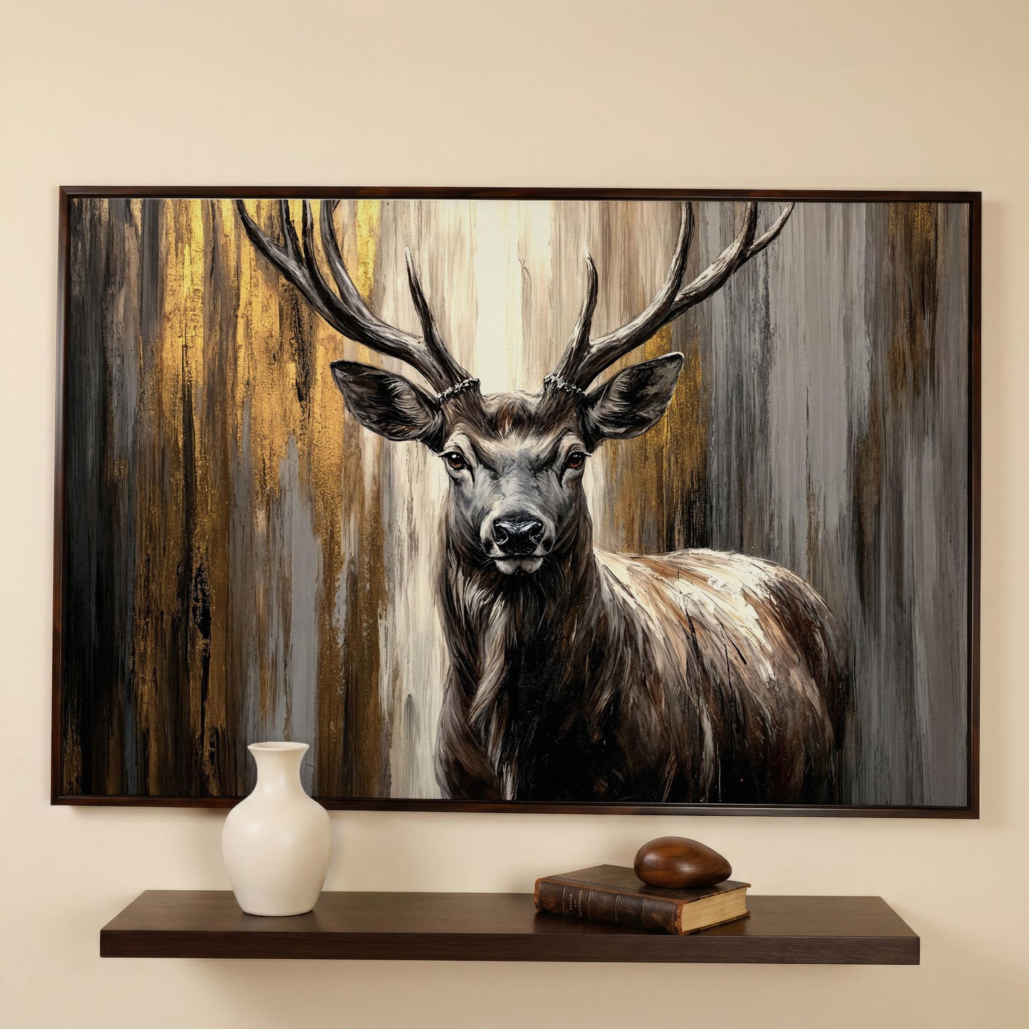 Close-Up Stag Portrait Canvas Wall Art with Large Antlers in dark walnut floating frame