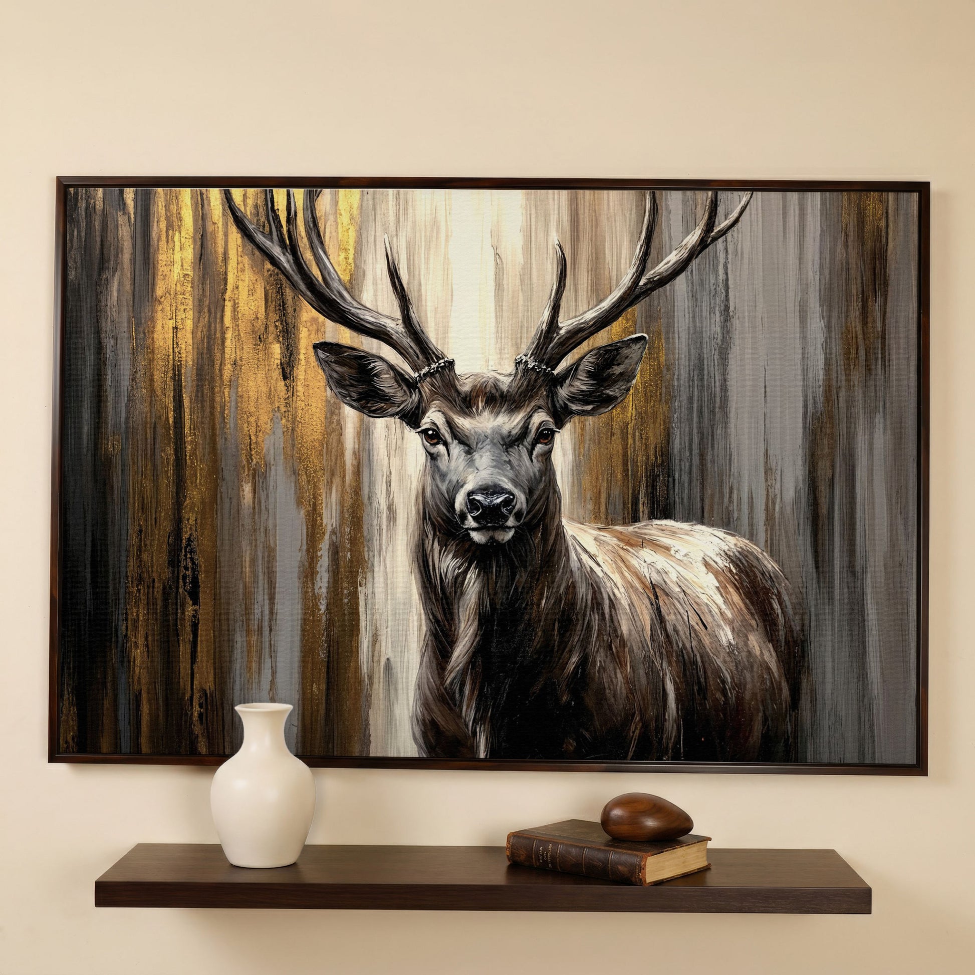 Close-Up Stag Portrait Canvas Wall Art with Large Antlers in dark walnut floating frame
