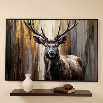 Close-Up Stag Portrait Canvas Wall Art with Large Antlers in dark walnut floating frame
