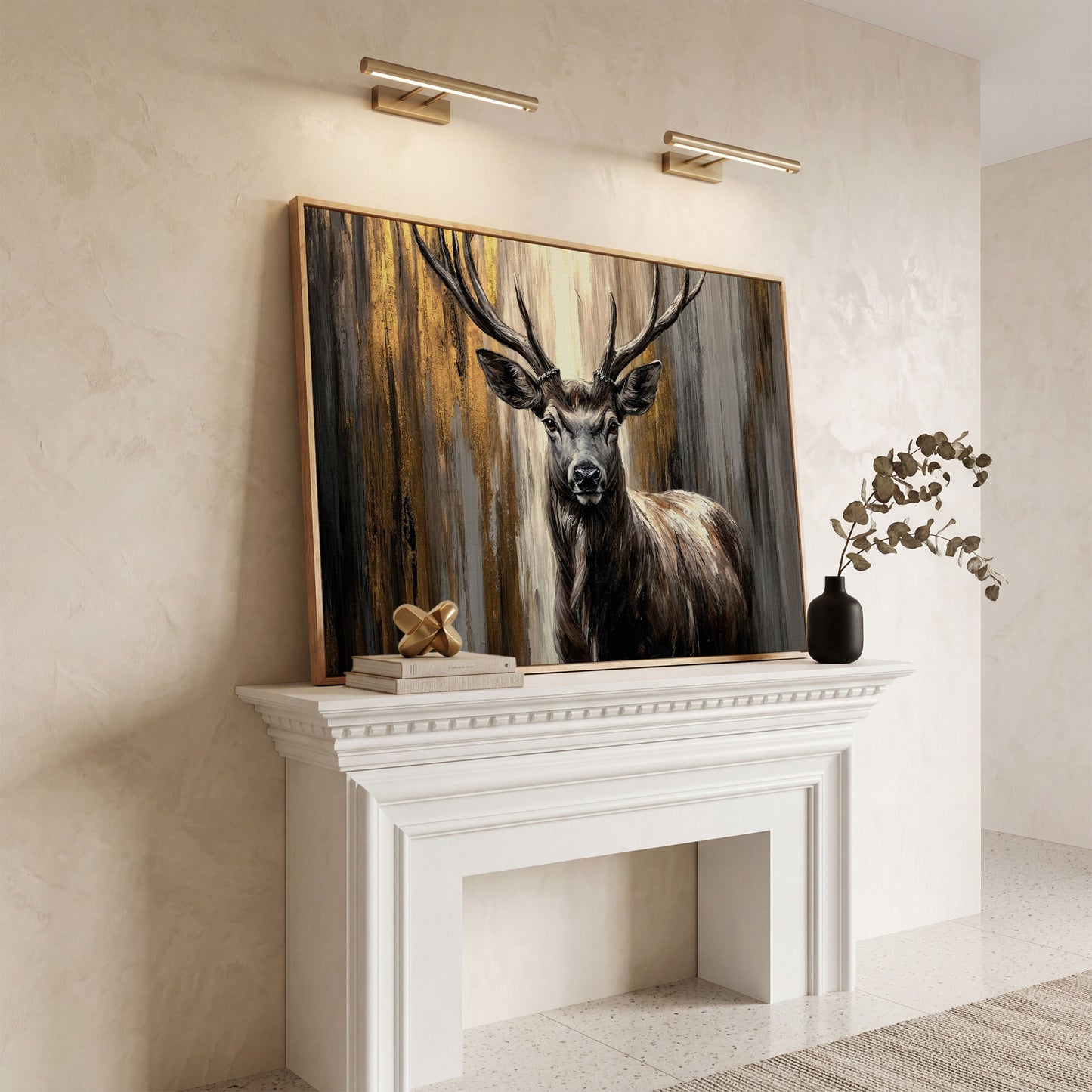 Close-Up Stag Portrait Canvas Wall Art with Large Antlers in white oak floating frame