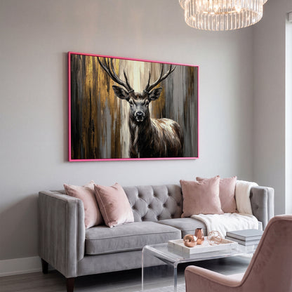 Close-Up Stag Portrait Canvas Wall Art with Large Antlers in pink floating frame