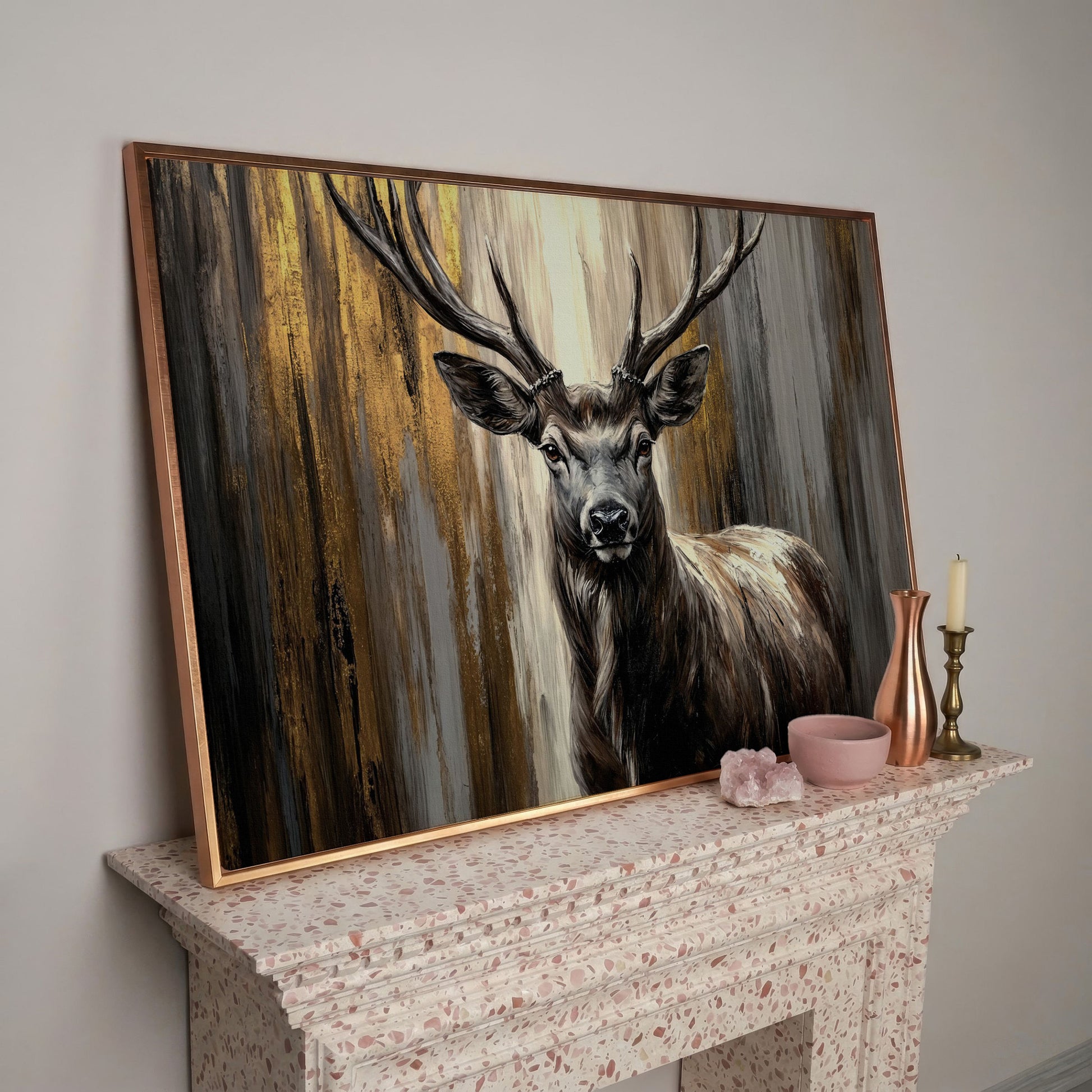 Close-Up Stag Portrait Canvas Wall Art with Large Antlers in rose gold floating frame