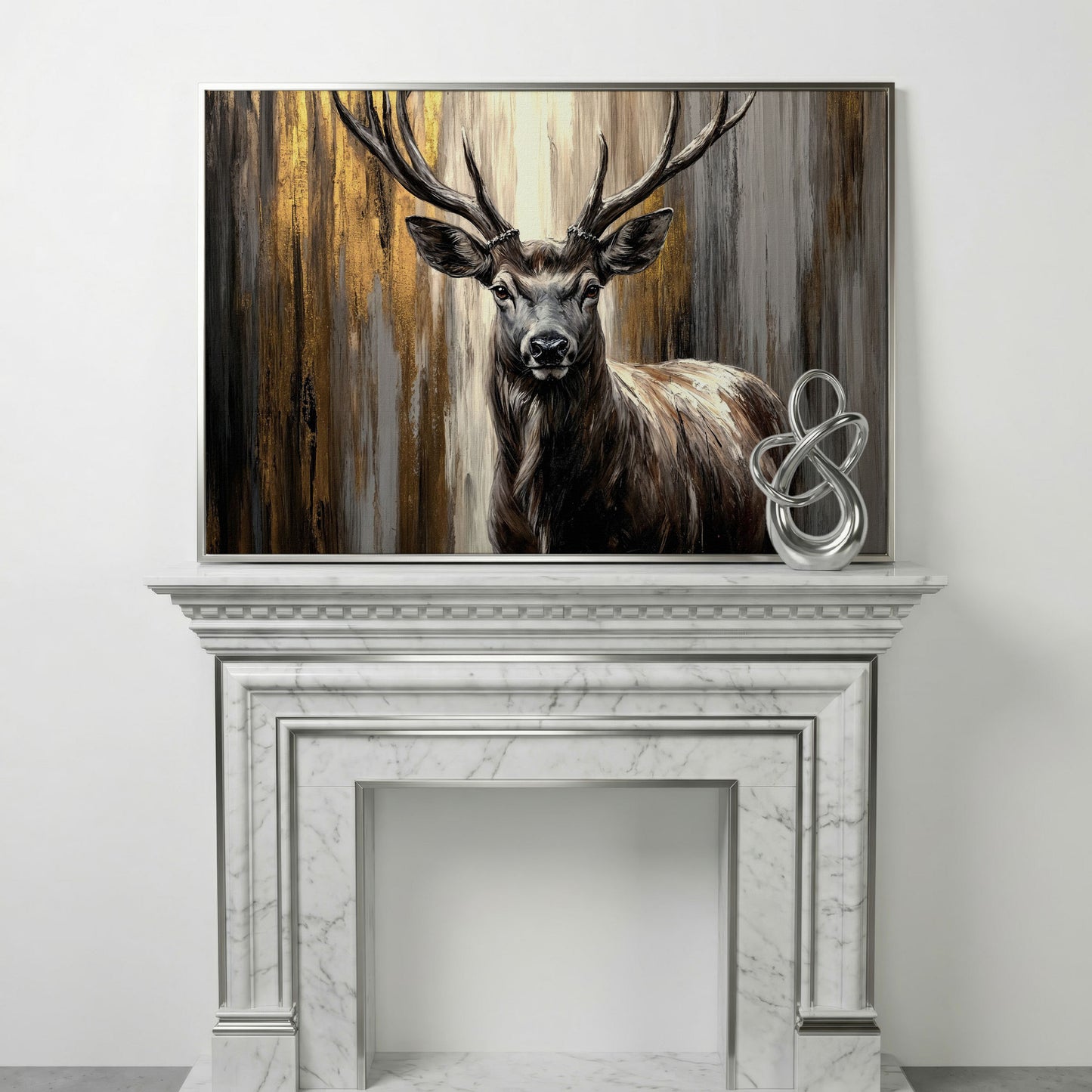 Close-Up Stag Portrait Canvas Wall Art with Large Antlers in silver floating frame