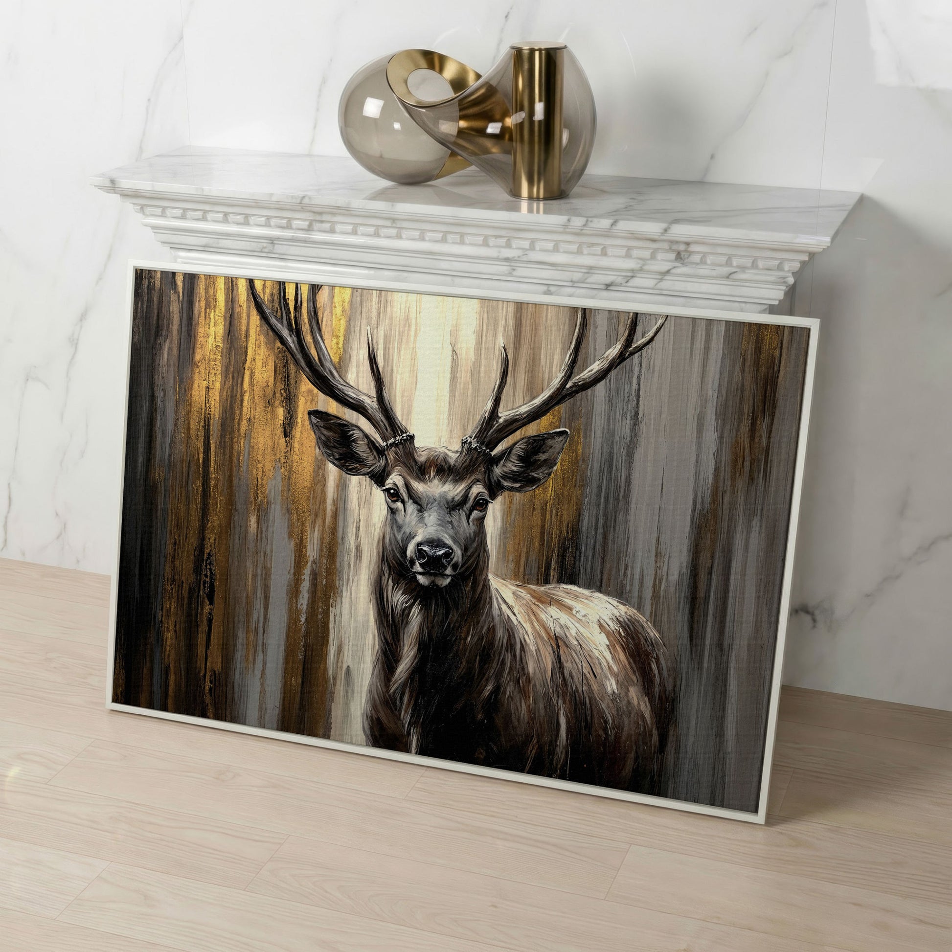 Close-Up Stag Portrait Canvas Wall Art with Large Antlers in white floating frame